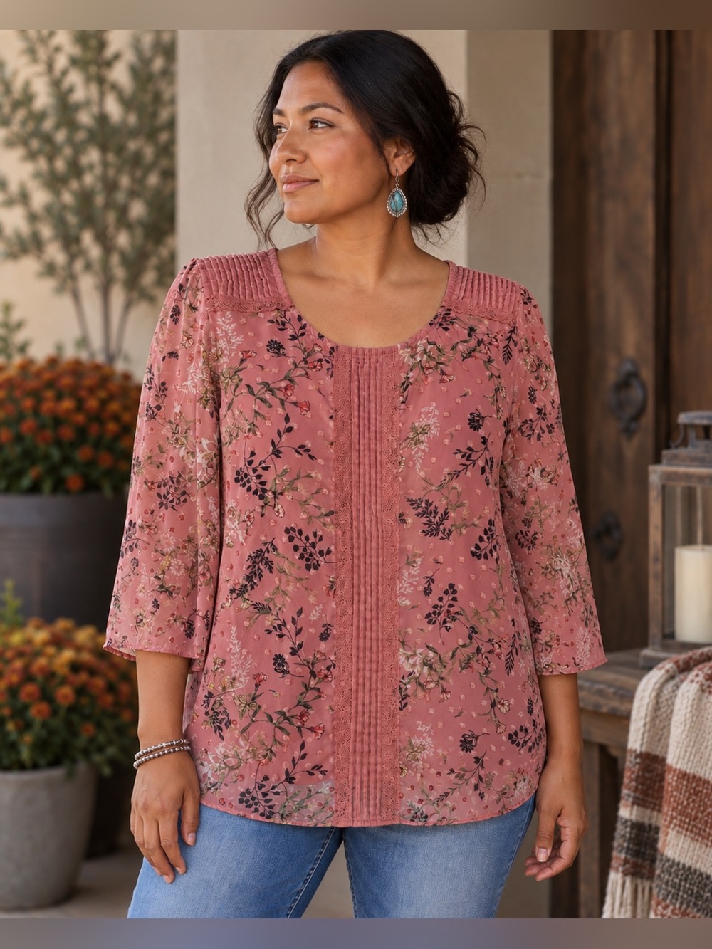 LC Lauren Conrad XL Floral Blouse Dusty Rose Pintuck 3/4 Sleeve